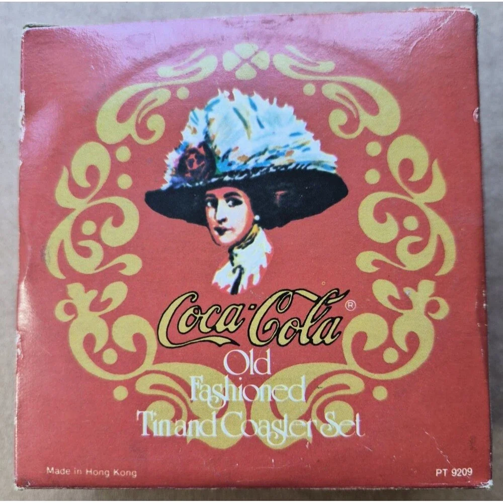 Vintage Coca Cola Old Fashioned Tin & Coasters Victorian Lady Cork Back Set